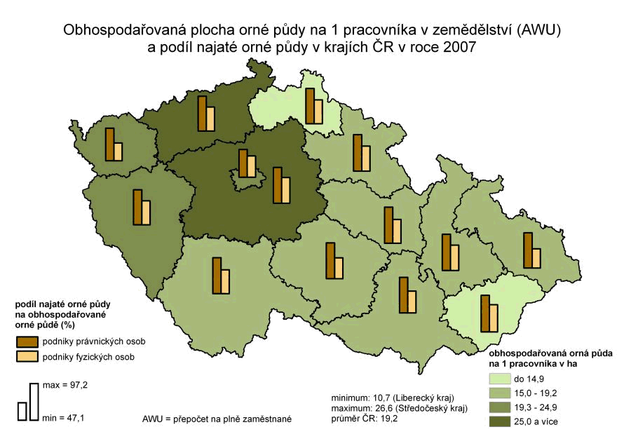 Kartogram 19. Obhospodařovaná plocha orné půdy na 1 pracovníka v zemědělství (AWU) a podíl najaté orné půdy v krajích ČR v roce 2007